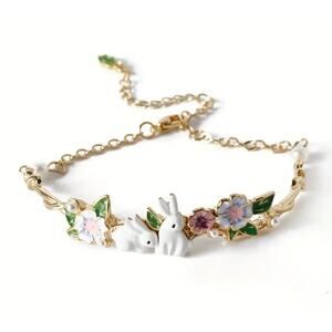 Curved Band Bracelet Bunnies in Flowers Gold Adjustable Chain NWT Cottagecore